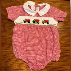 Red Gingham Baby Romper with Dumptruck Design